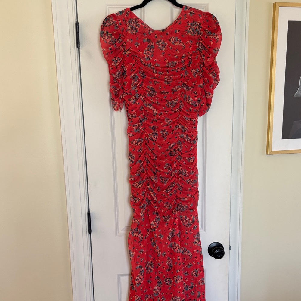 Free People Red Floral Ruched Maxi Dress with Puff Sleeves